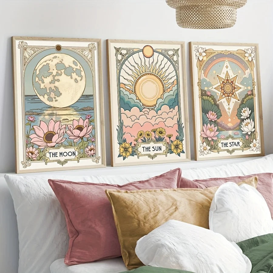 3 Pieces Vintage Sun Star Moon Tarot Card Art Prints Boho Poster Celestial Wall Decor for Living Room, Bedroom, Horoscope Gift