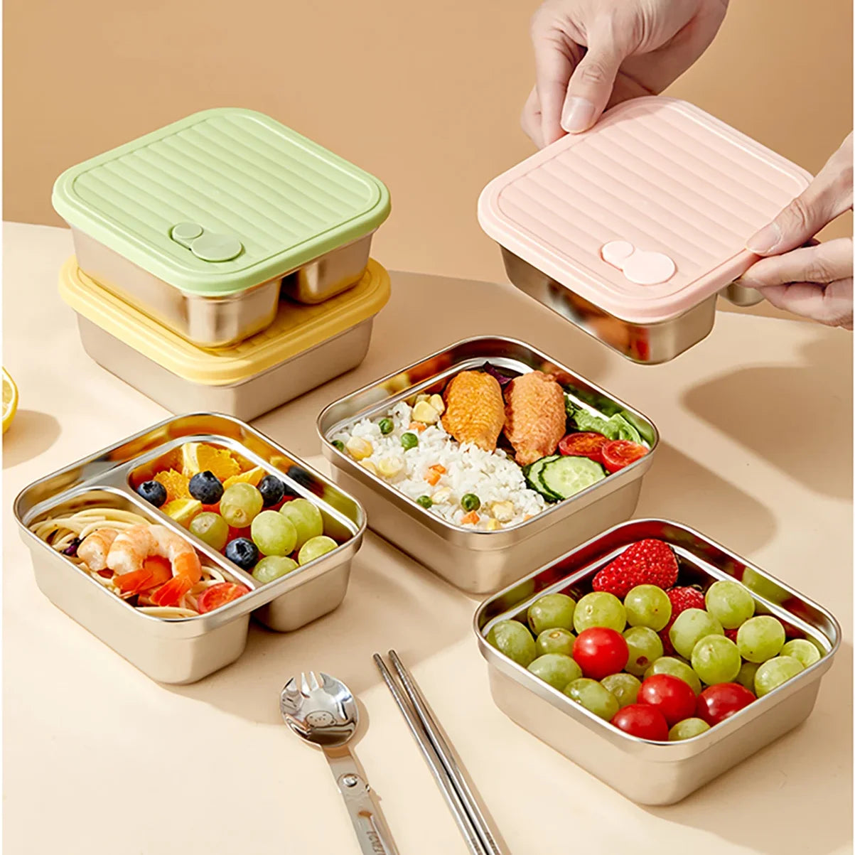 304 Stainless Steel Square Lunch Box With Lid Portable Fruit Salad Food Container Stackable Leak Proof Bento Box