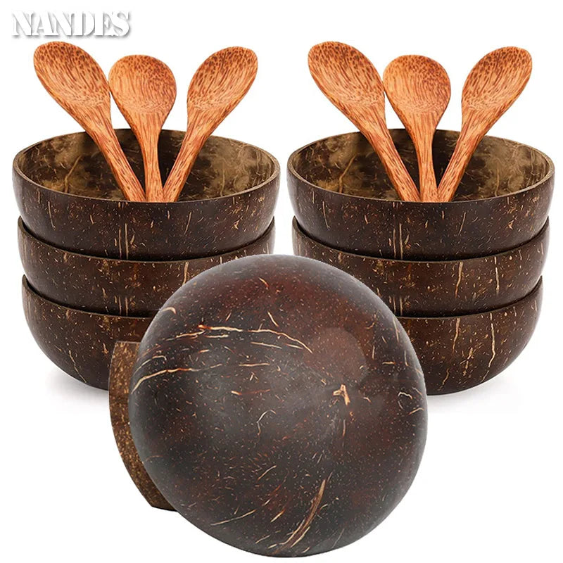 Natural Coconut Bowl Set Handmade Wooden Tableware Wood Spoon Dessert Fruit Salad Mixing Ramen Storage Bowl Kitchen Tableware
